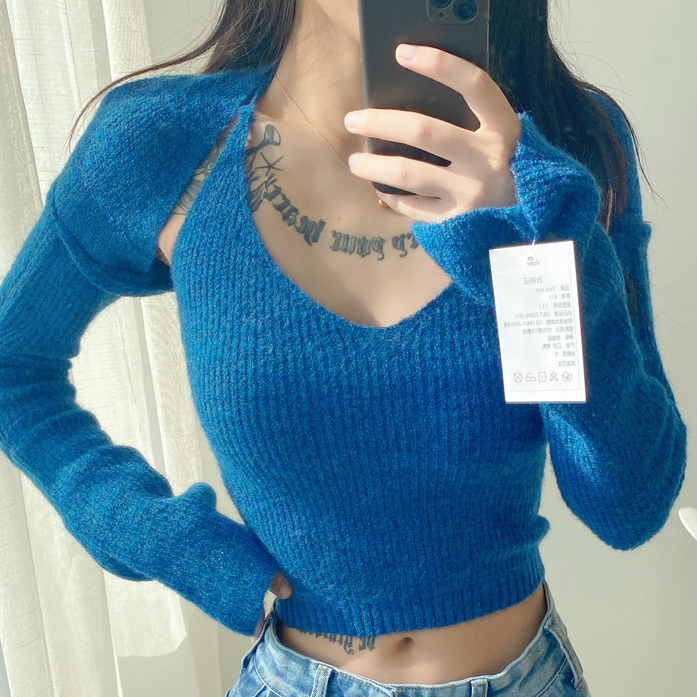 熱賣吊帶背心+長袖針織罩衫兩件套(孔雀藍)(S/M碼)(下單後聯絡客服確認發貨尺碼)