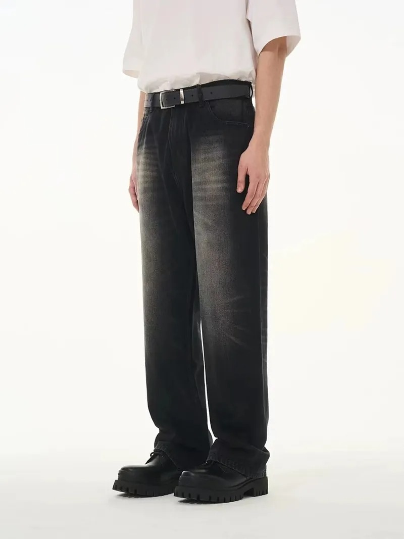 Harsh and Cruel 24SS 煙灰色做舊水洗抽鬚刺繡牛仔長褲 HL241140011