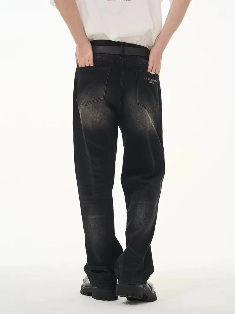 Harsh and Cruel 24SS 煙灰色做舊水洗抽鬚刺繡牛仔長褲 HL241140011