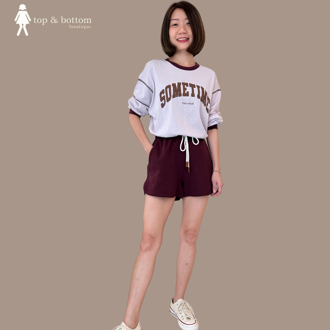 L/SLEEVE WORDING BLOUSE & SHORTS SET SUIT (2PCS)