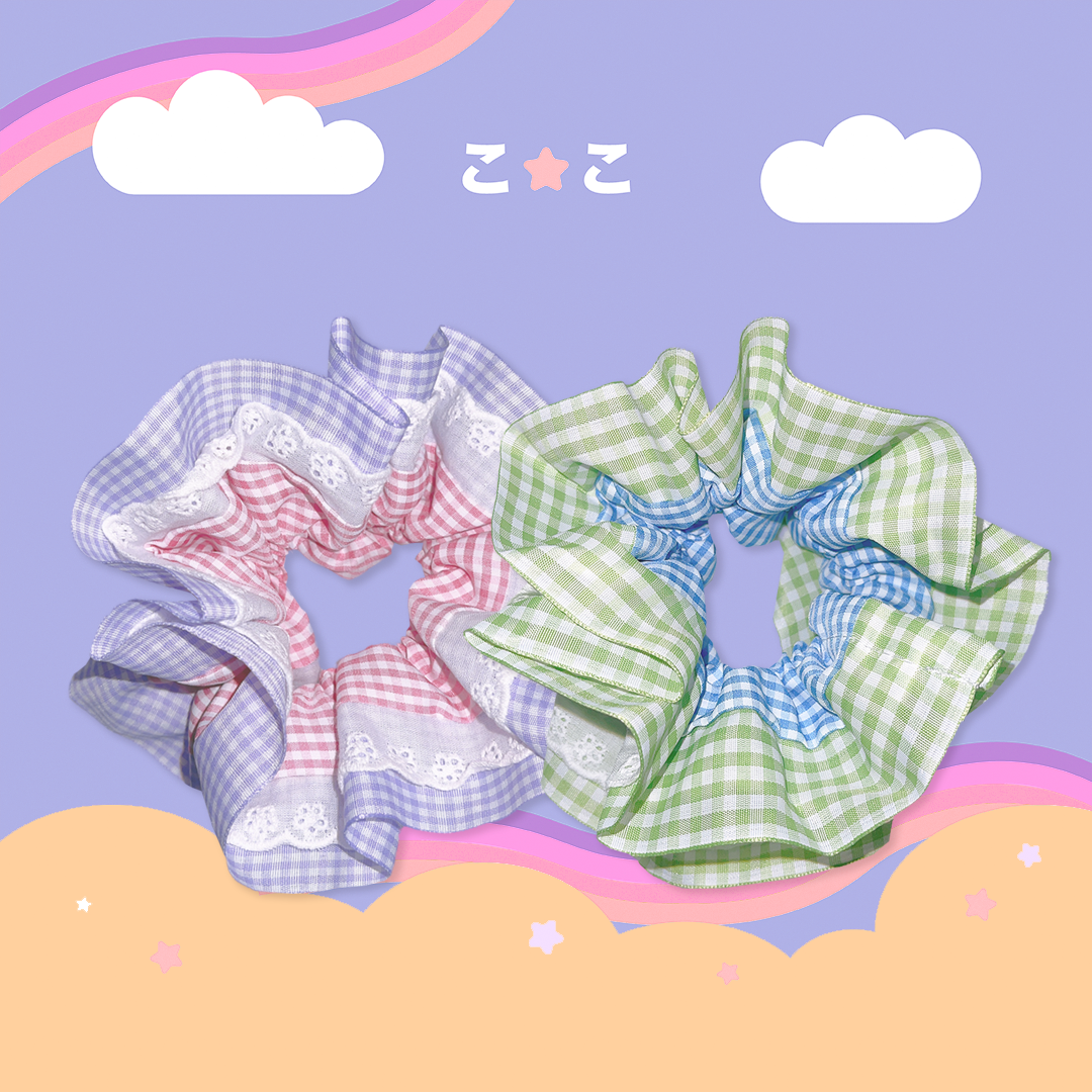 こ♡こ 格紋蕾絲邊大腸髮圈