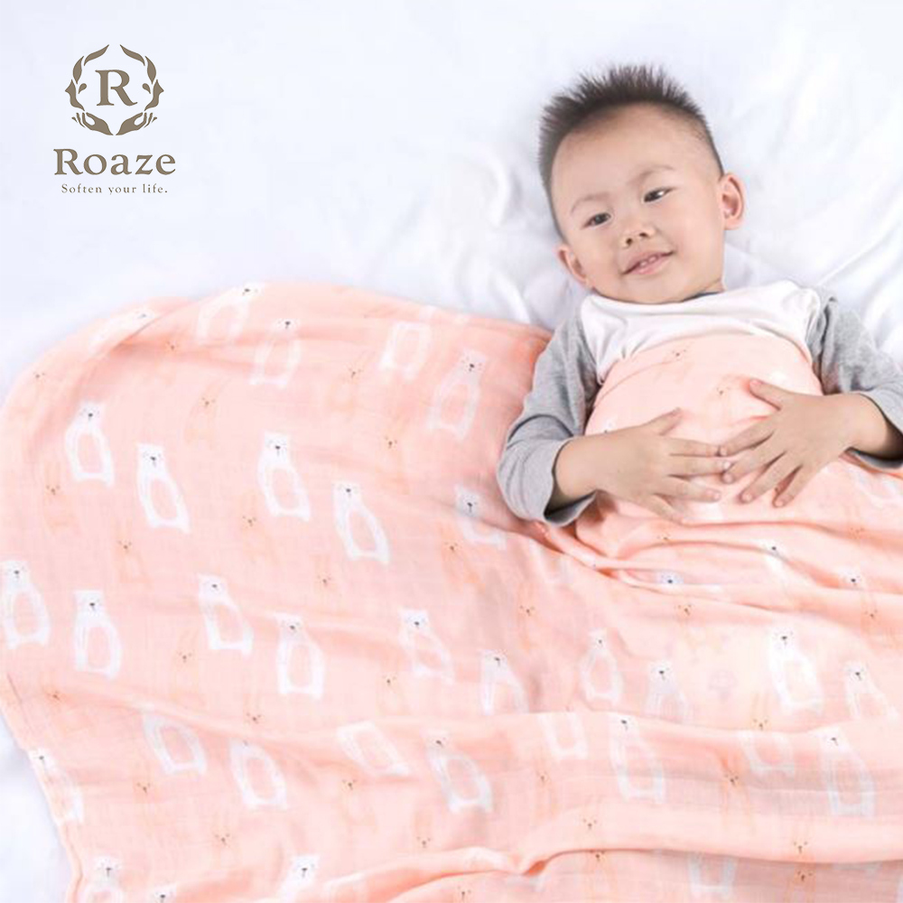 【Roaze 柔仕】 棉柔紗布包巾毯 粉嫩白熊