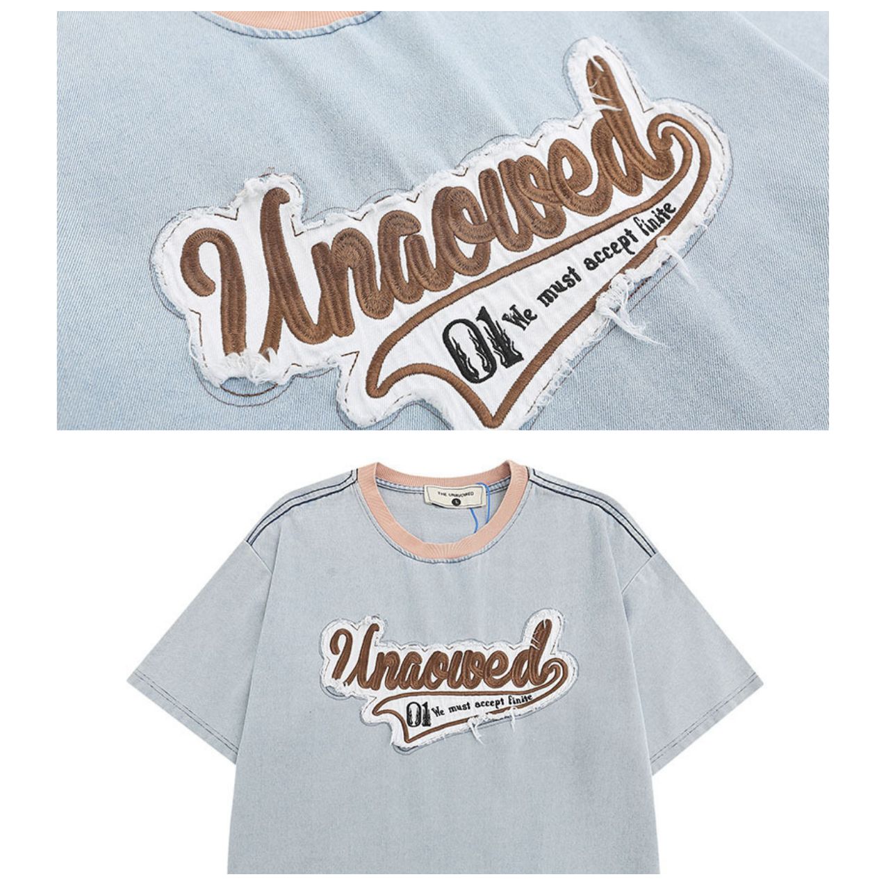 復古牛仔拼布刺繡短TEE