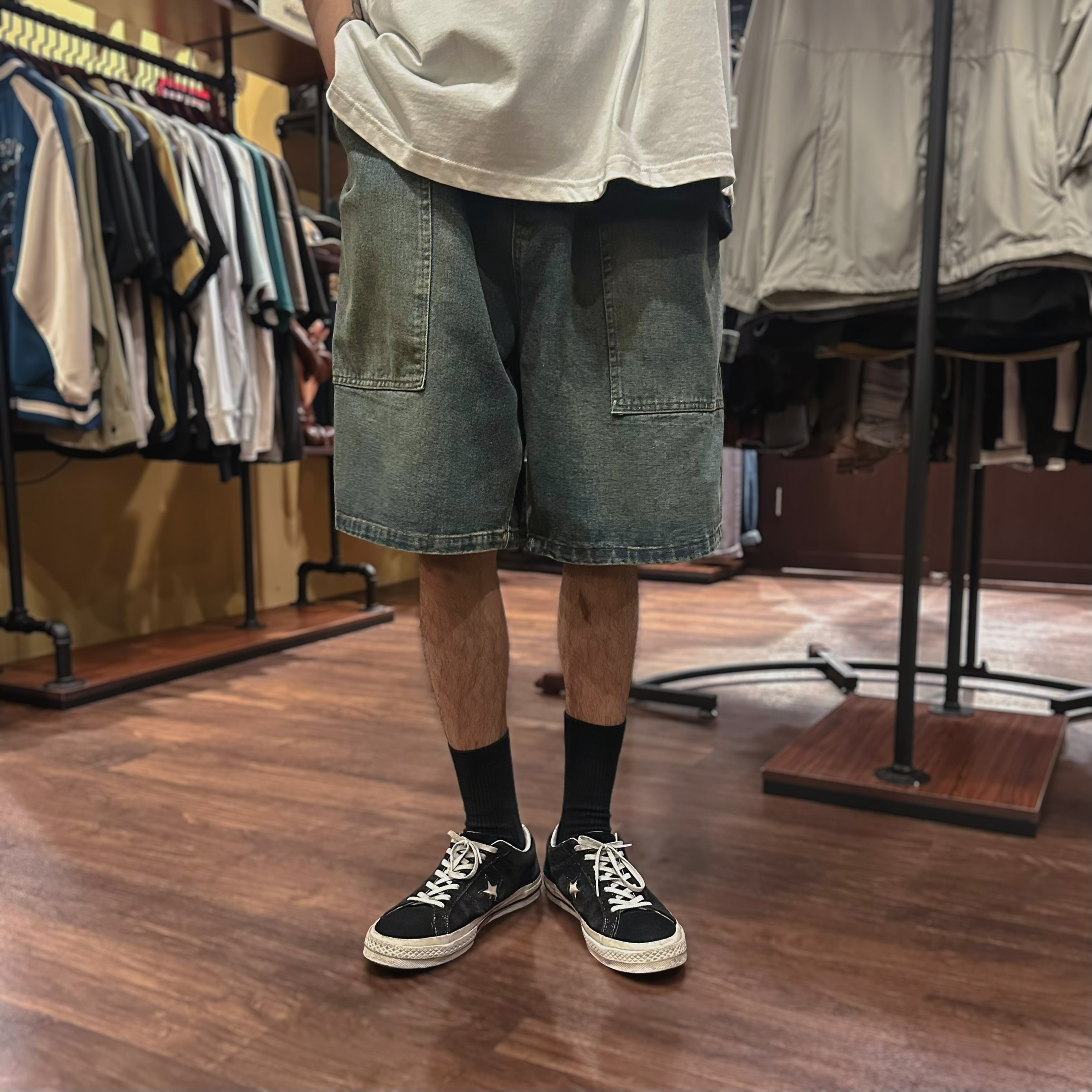 飄帶寬版水洗牛仔短褲