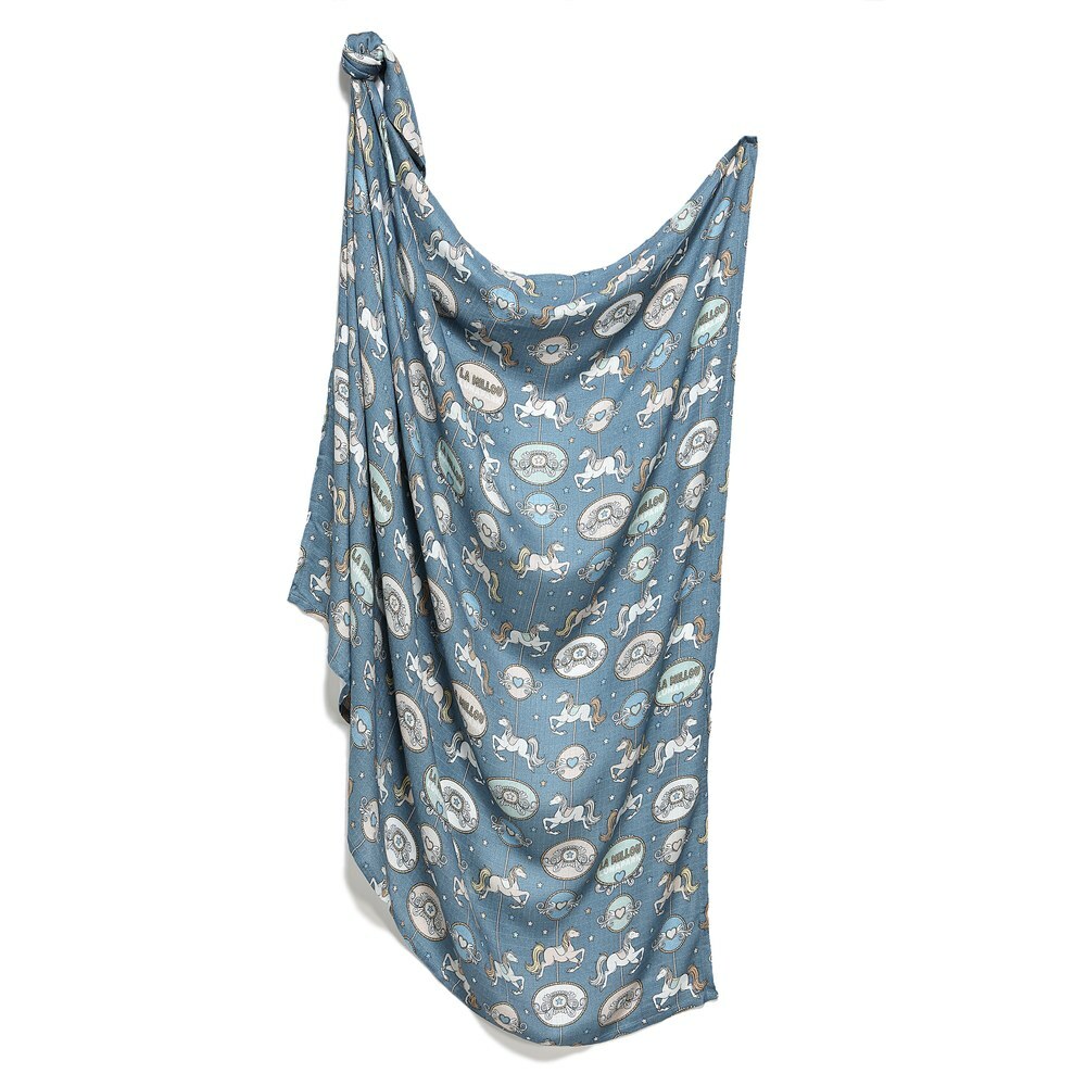 La Millou波蘭 Bamboo Muslin 100%竹纖銀離子紗布巾加大(115x140cm)｜旋轉小木馬(藍底)