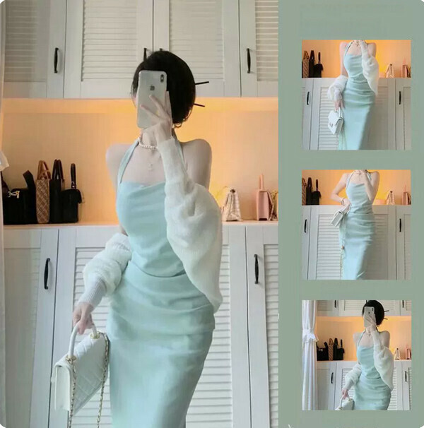 Mint Green Pure Lust Halterneck Suspender Sexy Dress + Cardigan (White) (M-4XL) (Contact customer service to confirm size after placing an order) 