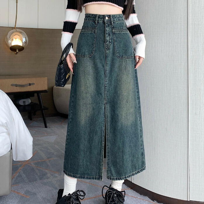Hot selling distressed denim skirt (size S-XL) (retro blue) (contact customer service after placing the order to confirm the delivery size)
