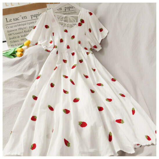 High-waisted midi dress (white strawberry) (one size)