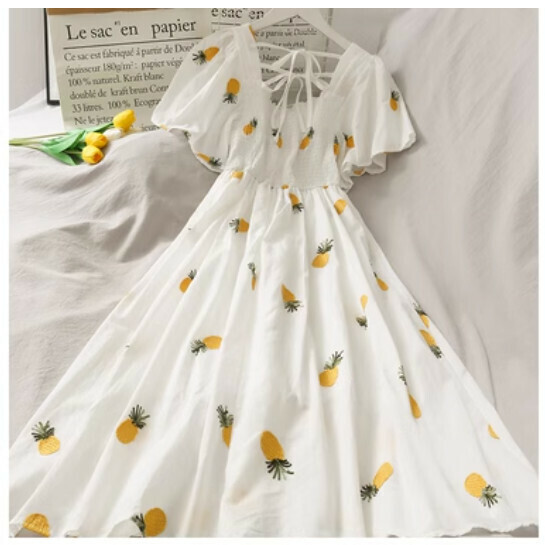 High-waisted midi dress (white pineapple) (one size)