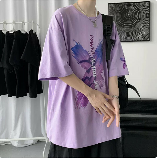 爆款復古t恤男短袖（紫色 尺碼：S-5XL）（下單後聯絡客服確認發貨尺碼）