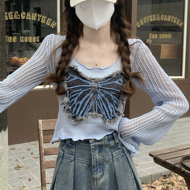 Hot selling butterfly short fungus bell sleeves sweater (one size fits all) (blue)