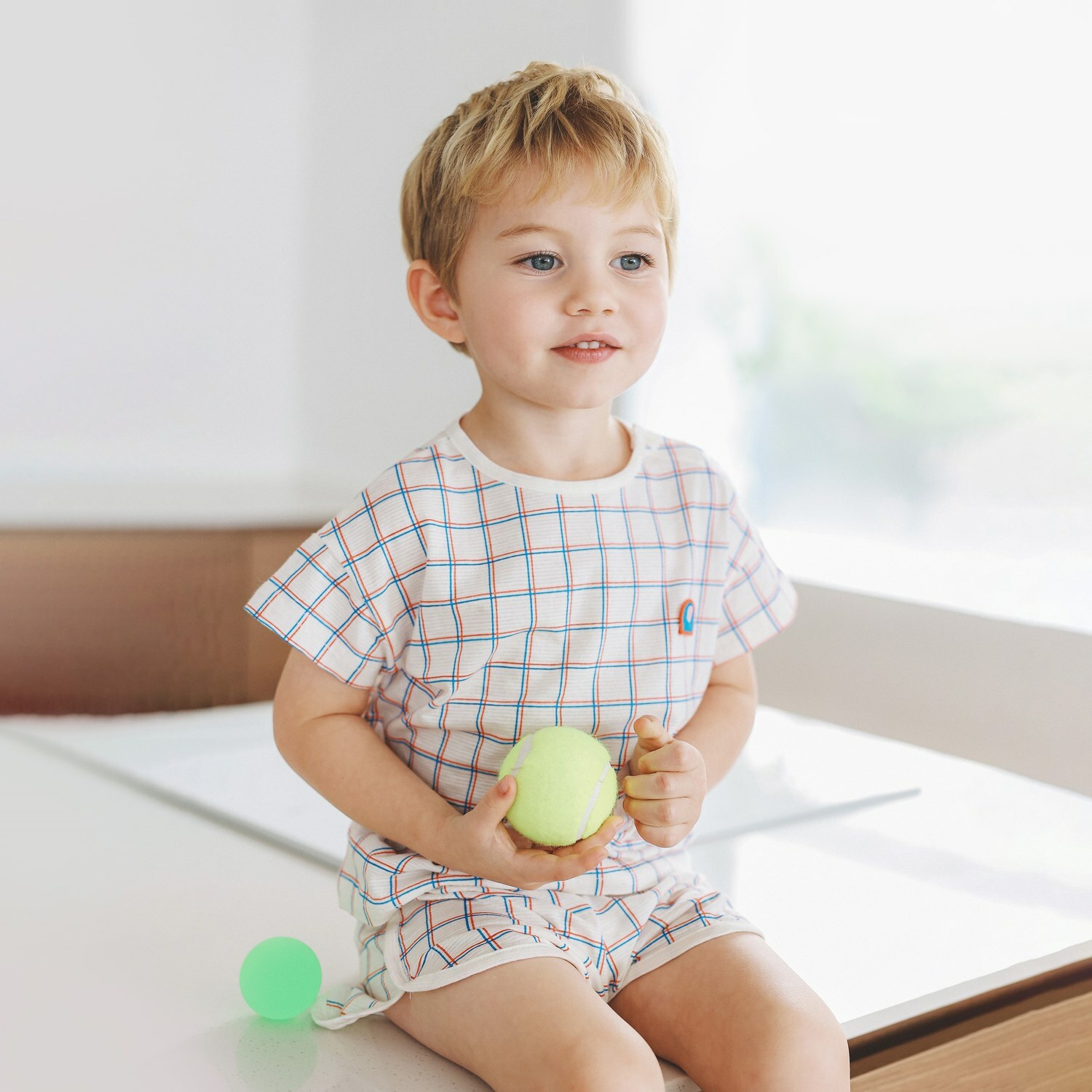 LILLE HAVEN韓國 Jacquard 提花系列100%純棉短袖內睡衣套裝JA二件入(1.5~4y)｜卡其格紋