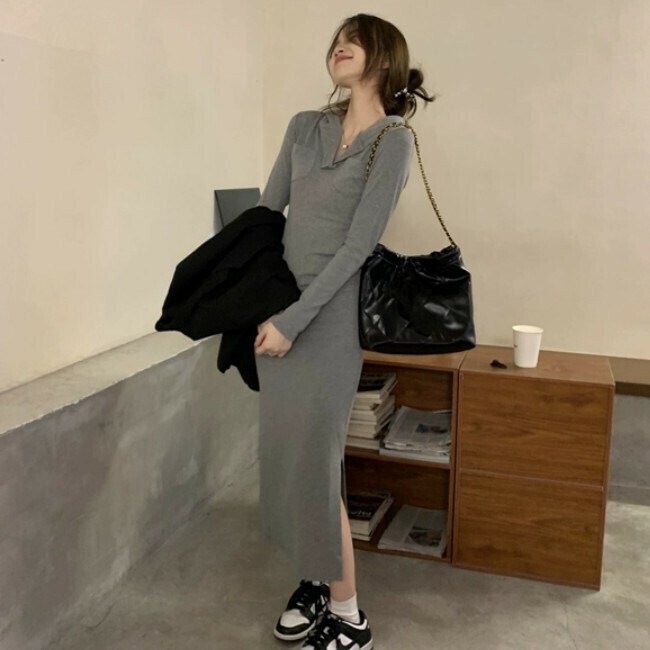 Hot Selling Slit Hooded Dress (One Size) (Gray)