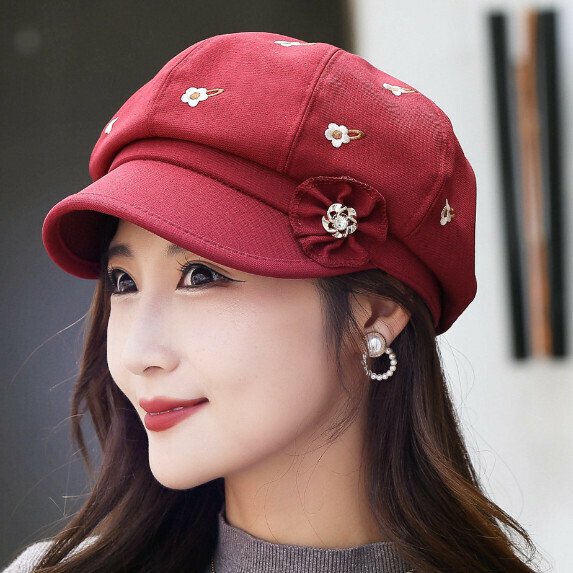 熱賣秋冬季八角帽女（酒紅色）
