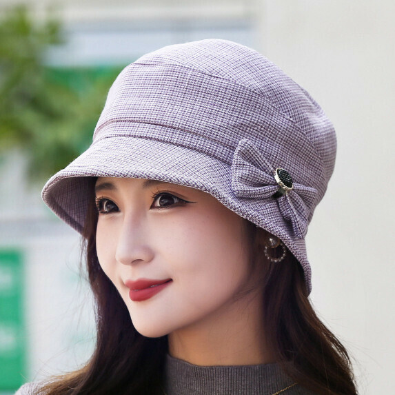 熱賣韓版圓頂格紋貝雷帽女（紫色）