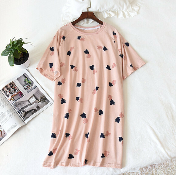 Summer thin cotton short-sleeved nightdress (LH pink heart) [M-L size] [Contact customer service to confirm the shipping size after placing an order]