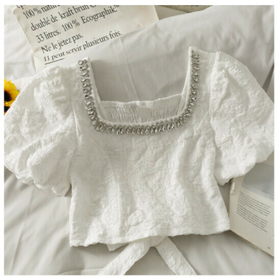 Square Neckline Cropped Shirt (White) (One Size)