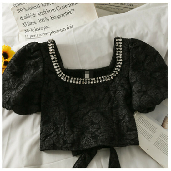Square Neckline Cropped Shirt (Black) (One Size)