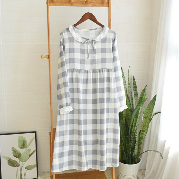 Spring and summer double gauze nightdress (gray and white check) [M-L size] [Contact customer service to confirm the shipping size after placing an order]