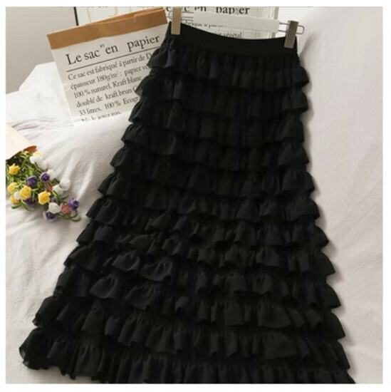 Midi High Waist Cake Skirt Solid Skirt (Black) (One Size)
