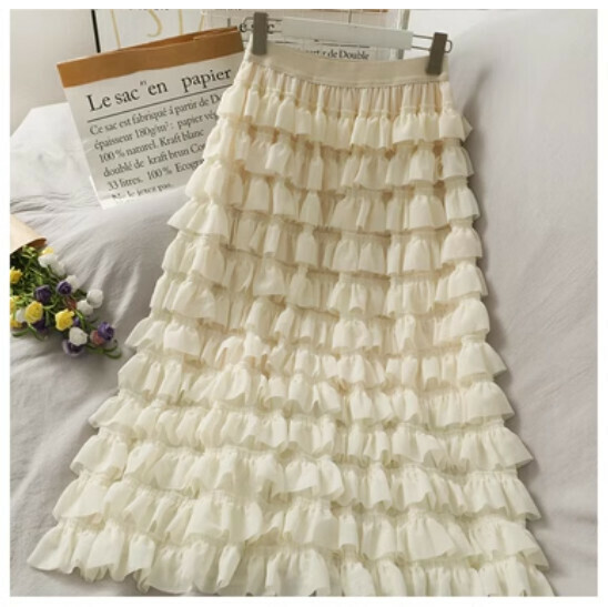 Midi High-waisted Cake Skirt Solid Skirt (Apricot) (One Size)