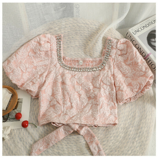 Square Neckline Cropped Shirt (Pink) (One Size)