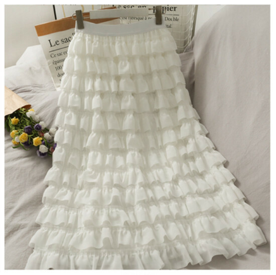 Midi High-waisted Cake Skirt Solid Skirt (White) (One Size)