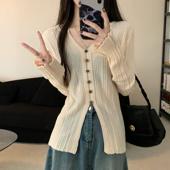 Hot Selling V-neck Slit Button Sweater (One Size) (Apricot)