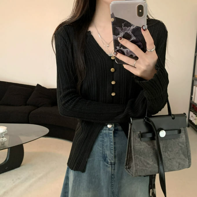 Hot Selling V Neck Slit Button Sweater (One Size) (Black)