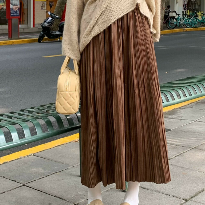 Hot selling mid-length pleated skirt (one size fits all) (brown)