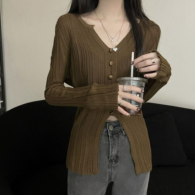 Hot Selling V-neck Slit Button Sweater (One Size) (Coffee Color)