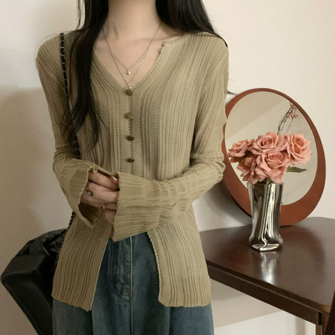 Hot Selling V-Neck Slit Button Sweater (One Size) (Khaki)