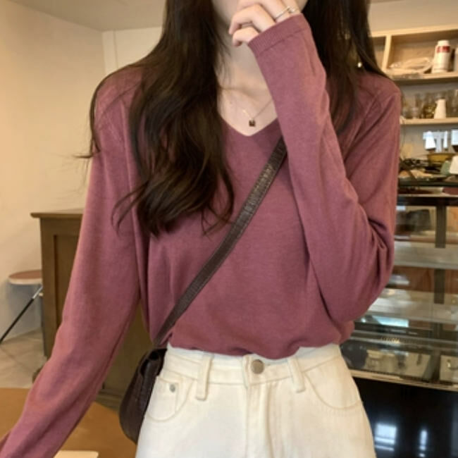 Hot selling V-neck long-sleeved bottoming shirt (one size fits all) (purple)
