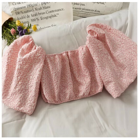Cropped Crop Shirt with Puff Sleeves (Pink) (One Size)