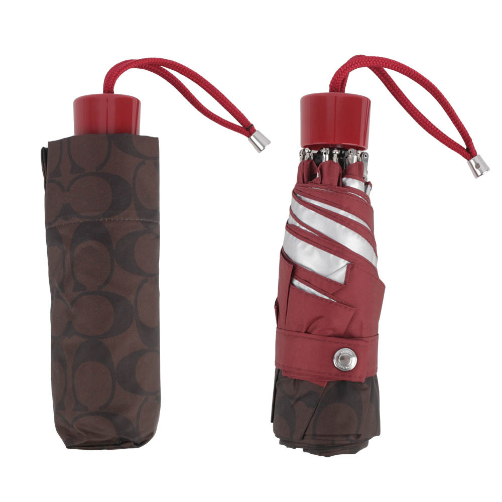 【COACH】CC Logo 滿版標誌環保材質迷你雨傘(栗子棕/紅色) C4322 RYV