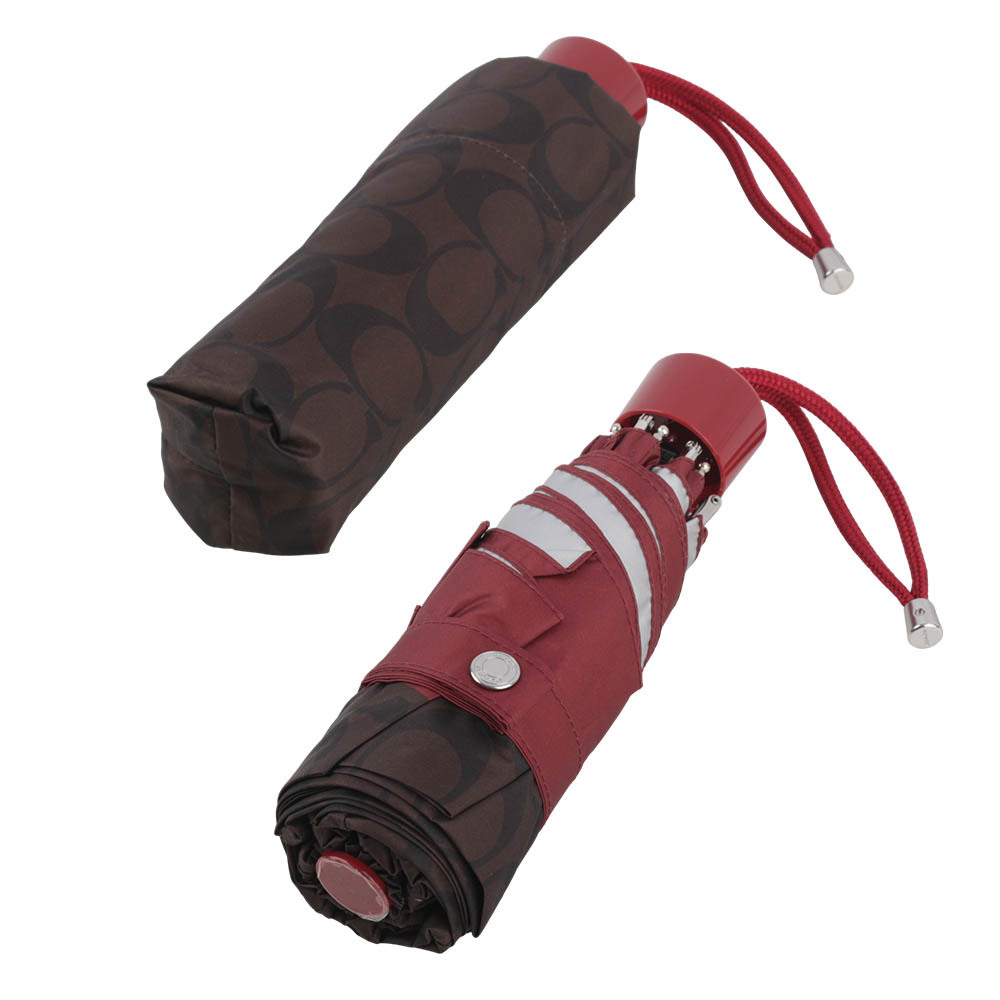 【COACH】CC Logo 滿版標誌環保材質迷你雨傘(栗子棕/紅色) C4322 RYV