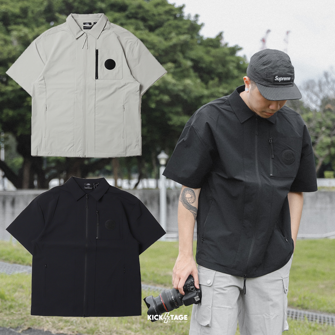 **特價商品售出無退換**男女款 PALLADIUM SHORT SLEEVE SHIRT 燧石灰 石墨黑 雙向拉鍊 多口袋 短袖 襯衫【1010185】