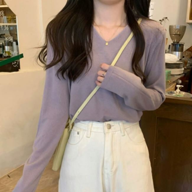 Hot Selling V Neck Long Sleeve Bottoming Shirt (One Size) (Purple)
