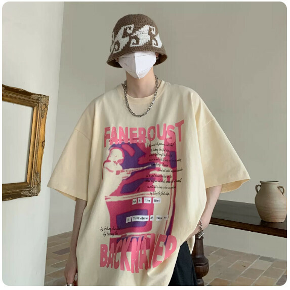 熱賣復古短袖T恤男夏季（奶黃色【M_5XL碼】（下單後聯繫客服確認發貨尺碼）