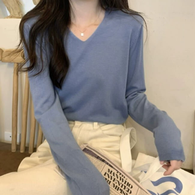 Hot selling V-neck long-sleeved bottoming shirt (one size fits all) (fog blue)