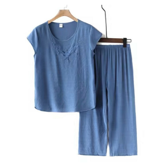 Summer middle-aged and elderly cotton and linen suit (embroidery suit - blue) [Size: XL-4XL】【Contact customer service to confirm the shipping size after placing an order】