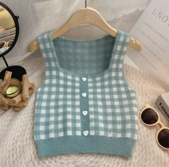 Autumn Love Single-breasted Color-Blocked Plaid Knitted Vest (Green) [One Size]