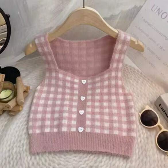Autumn Love Single-breasted Color-Blocked Plaid Knitted Vest (Pink) [One Size]