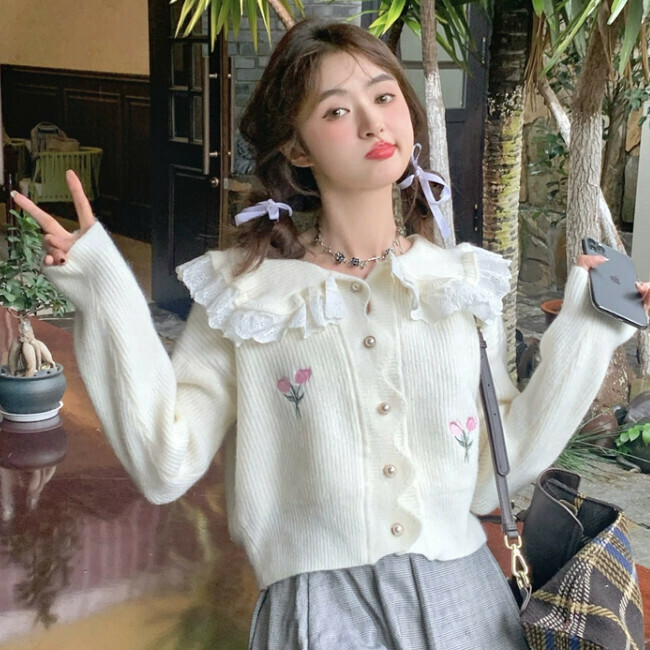 Hot selling flower embroidered doll collar sweater (one size fits all) (white)