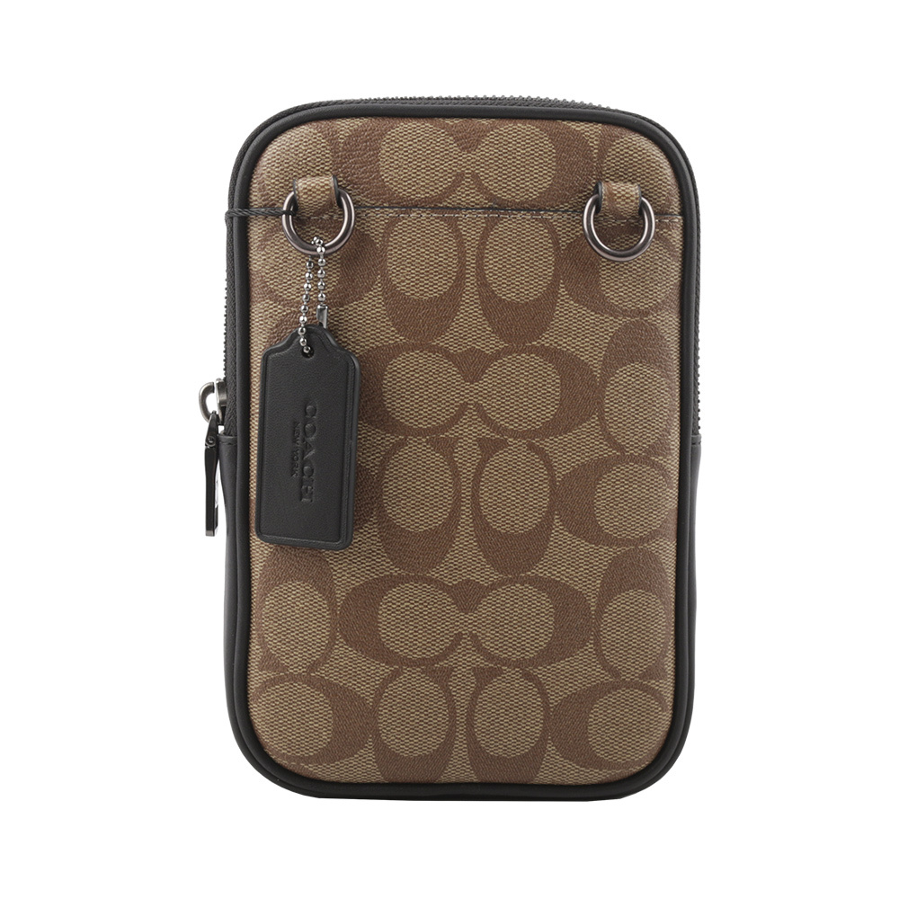 【COACH】Aden 塗層帆布及牛皮迷你斜背包/手拿包(卡其色) CO912 QBKHA