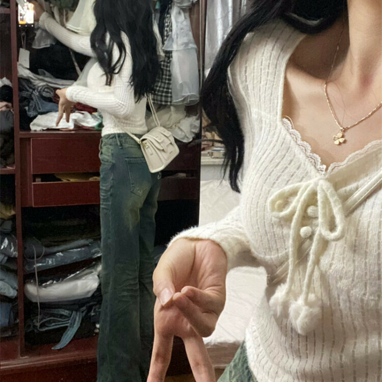 Hot selling lace-up lace patchwork sweater (one size fits all) (white)