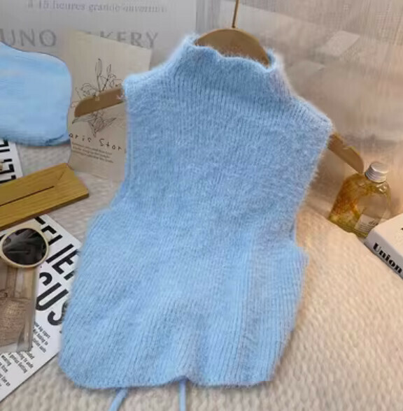 Autumn and Winter High Neck Sleeveless Imitation Mink Fur Vest (Blue) [One Size]