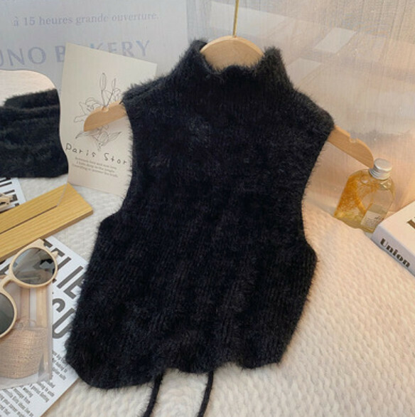 Autumn and Winter High Neck Sleeveless Imitation Mink Fur Vest (Black) [One Size]