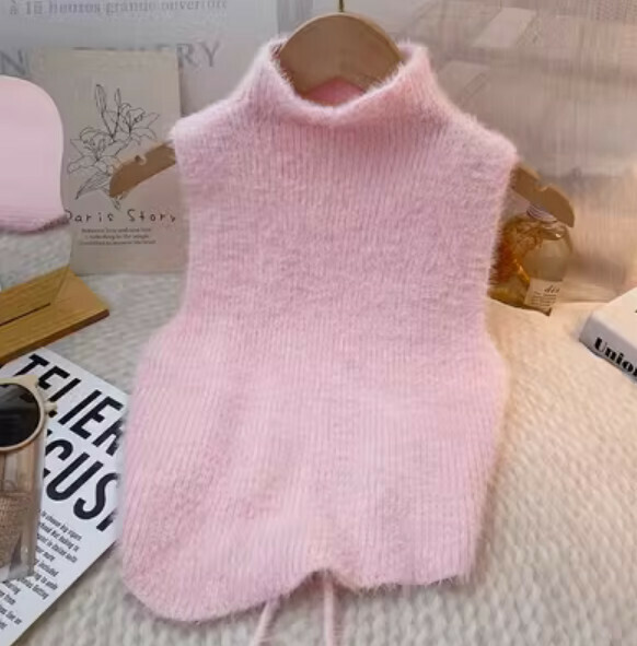 Autumn and Winter High Neck Sleeveless Imitation Mink Fur Vest (Pink) [One Size]
