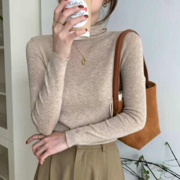 Hot Selling Long Sleeve Knitted Bottoming Shirt (One Size) (Oatmeal Color)